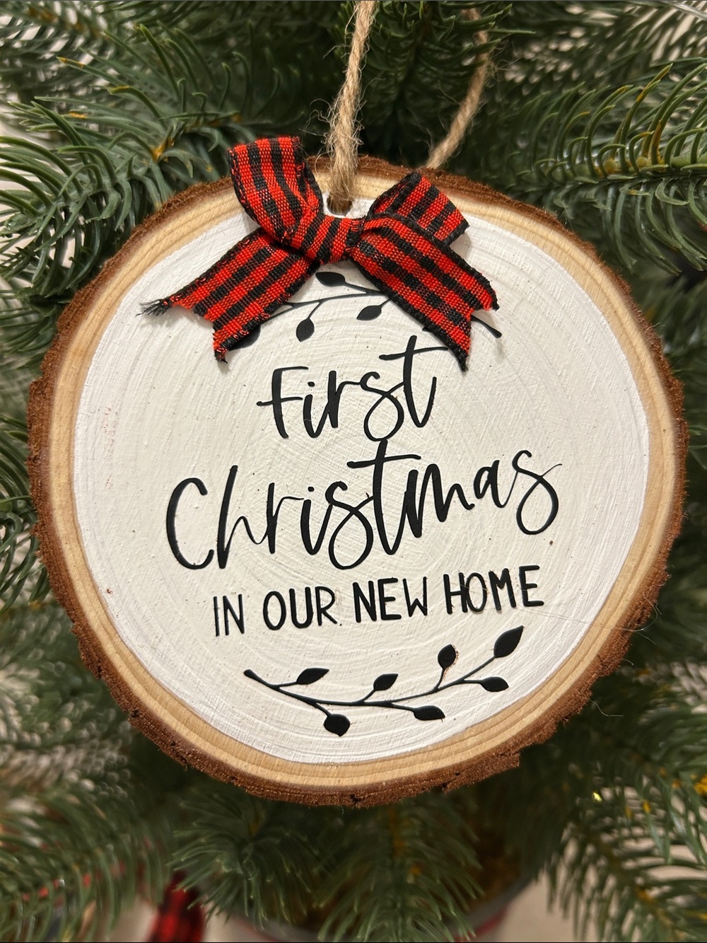 First Christmas in Our New Home Wood Slice Ornament - White & Red